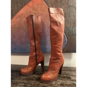 1970s 70s vintage caramel platforms boots brown braid stack heels tab leather